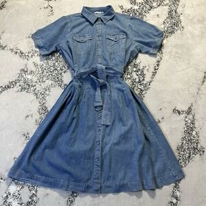 Given Kale Dress Womens Size 2X Blue Button Front Belted Denim Midi